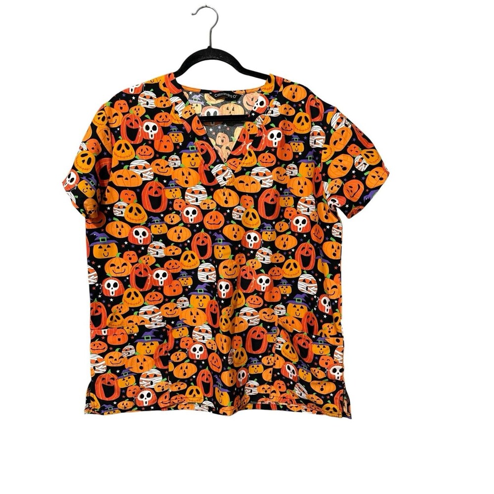 Halloween Pumpkin Skull Mummy Print Scrub Top XL Pockets Cassandra O